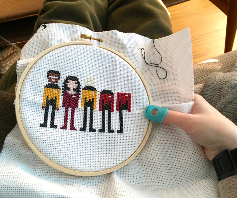 In-progress Star Trek TNG cross stitch project