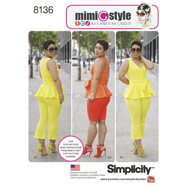 8136, Mimi G Style Peplum Top with Cropped Pants or Shorts