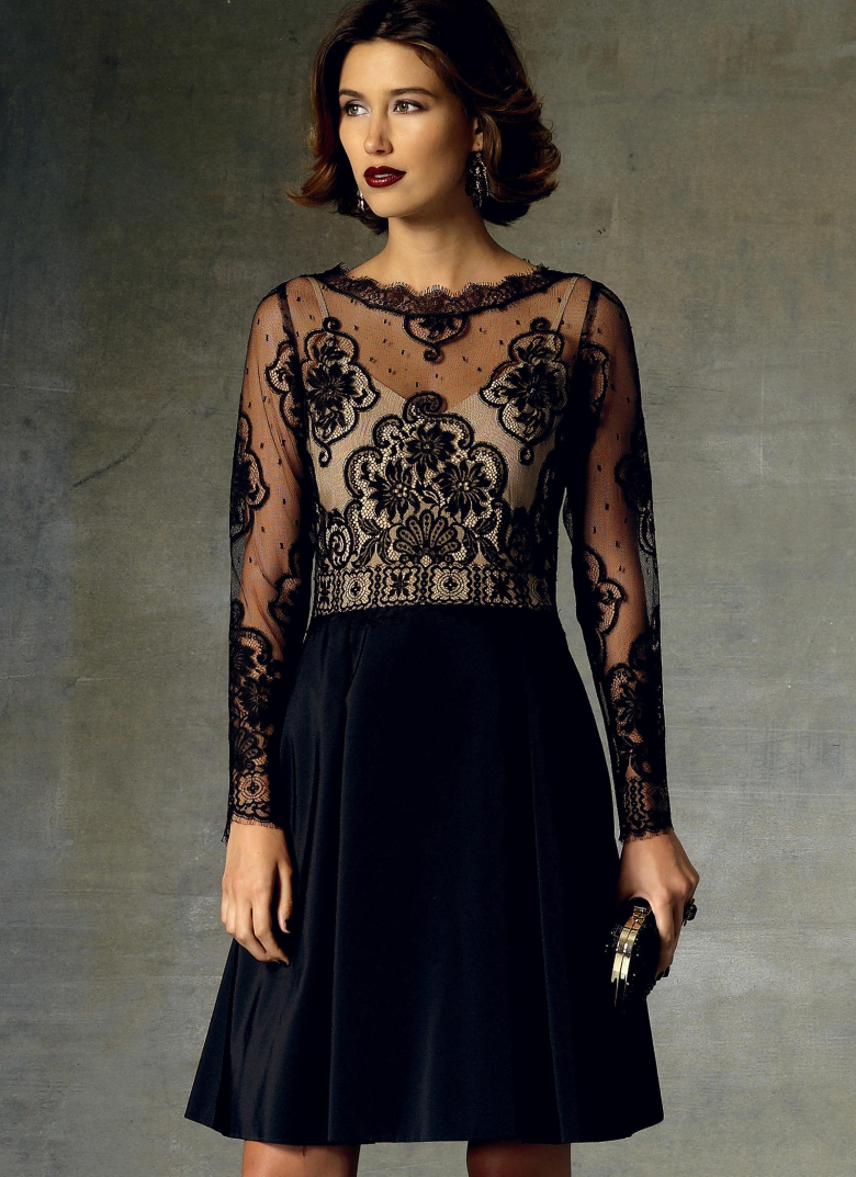 V1428 | Misses' Long Sleeve Sheer-Bodice Dress | Textillia