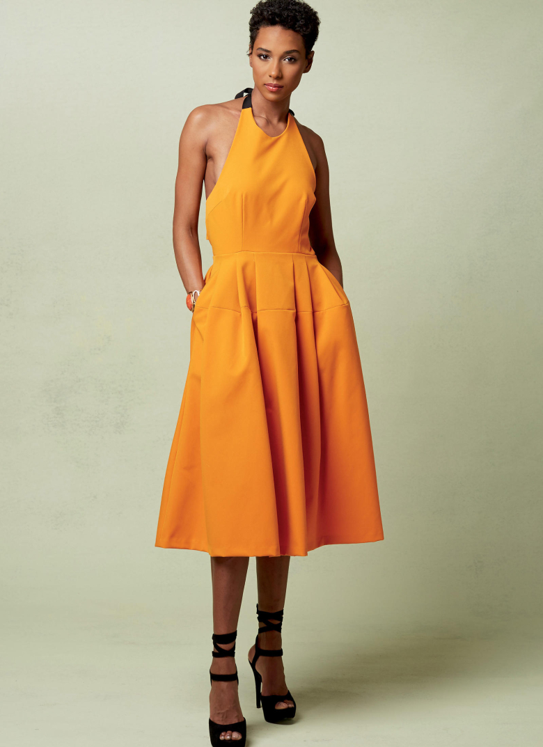 V1546 | Misses' Lined Pleated Halter Dress with Neck Tie | Textillia