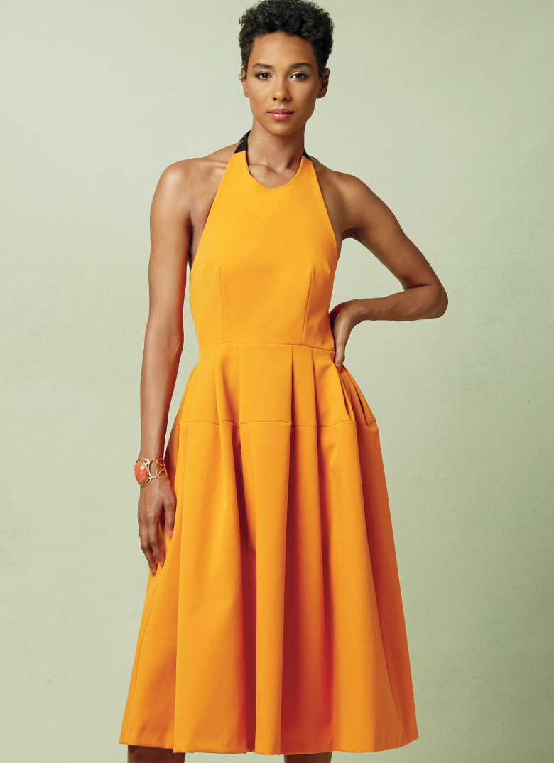 V1546 | Misses' Lined Pleated Halter Dress with Neck Tie | Textillia