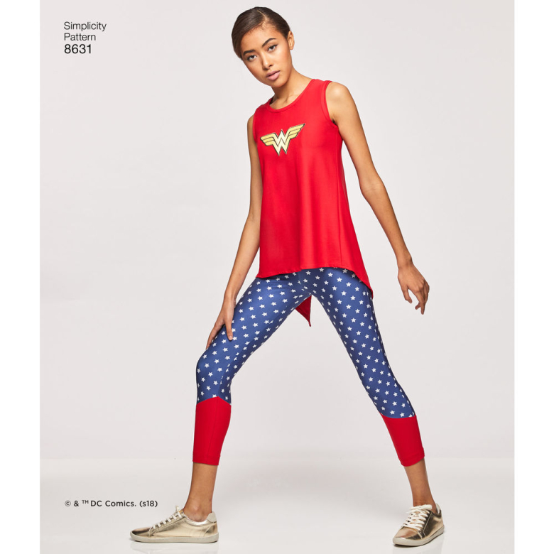 8631  Misses' Wonder Woman Knit Sports Bra, Top, and Leggings