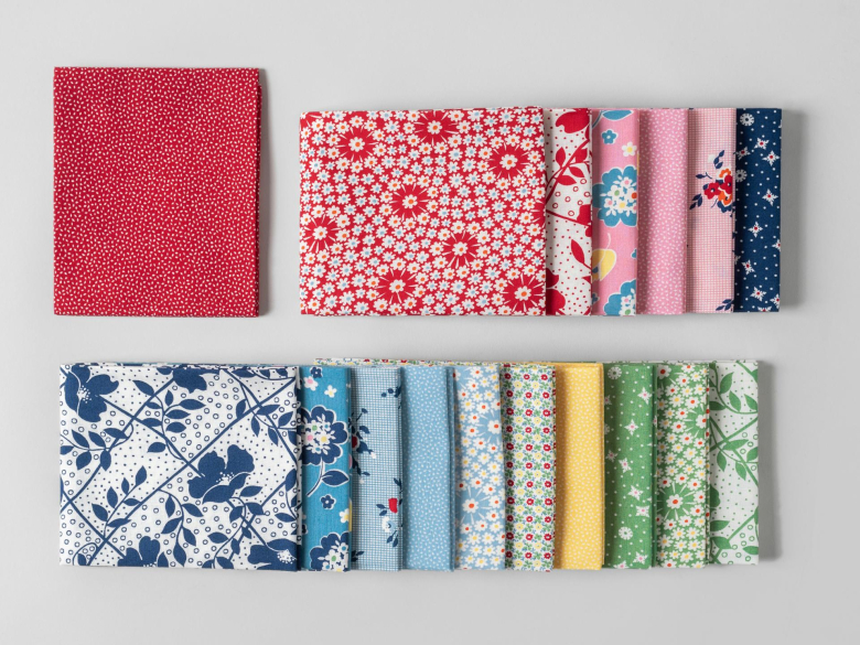 Fat quarters showing colors and patterns of 1930s Revival fabric collection