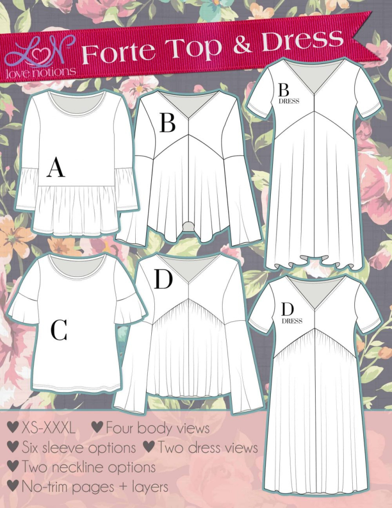 Line drawings for the top and dress variations