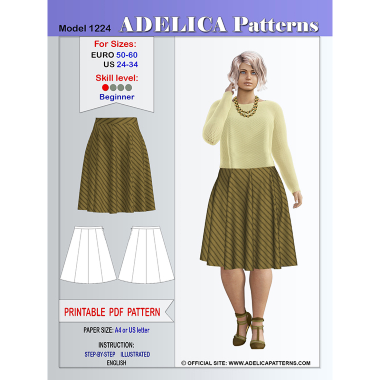 PLUS SIZE KNEE LENGTH 8-GORE SKIRT SEWING PATTERN PDF FOR SIZES 24-34 ...
