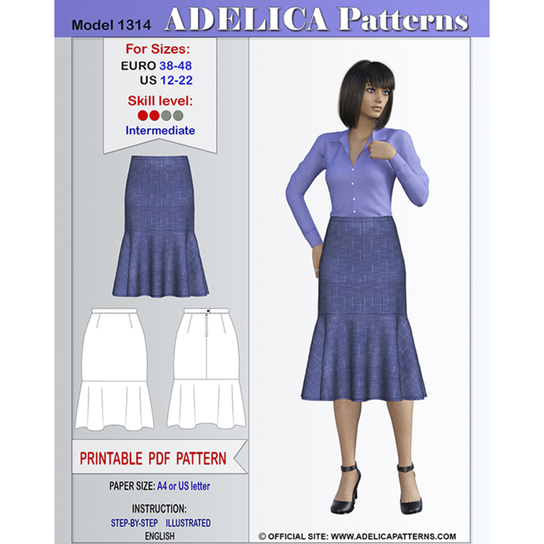 Flared Skirt Sewing Pattern PDF for sizes 1222 US / 3848 EURO Textillia