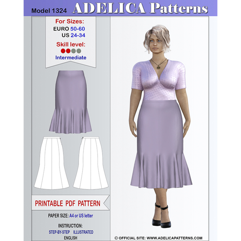 Plus size Midi length Flared Skirt Sewing Pattern PDF for sizes 24-34 ...