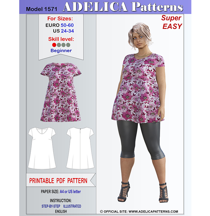 Plus size Summer Tunic Sewing Pattern for sizes 24-34 US / 50-60 EURO ...