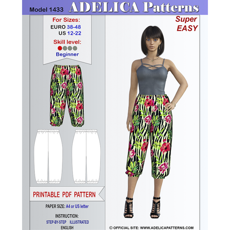 Easy to sew no-zipper Summer Capri pants Sewing Pattern for sizes