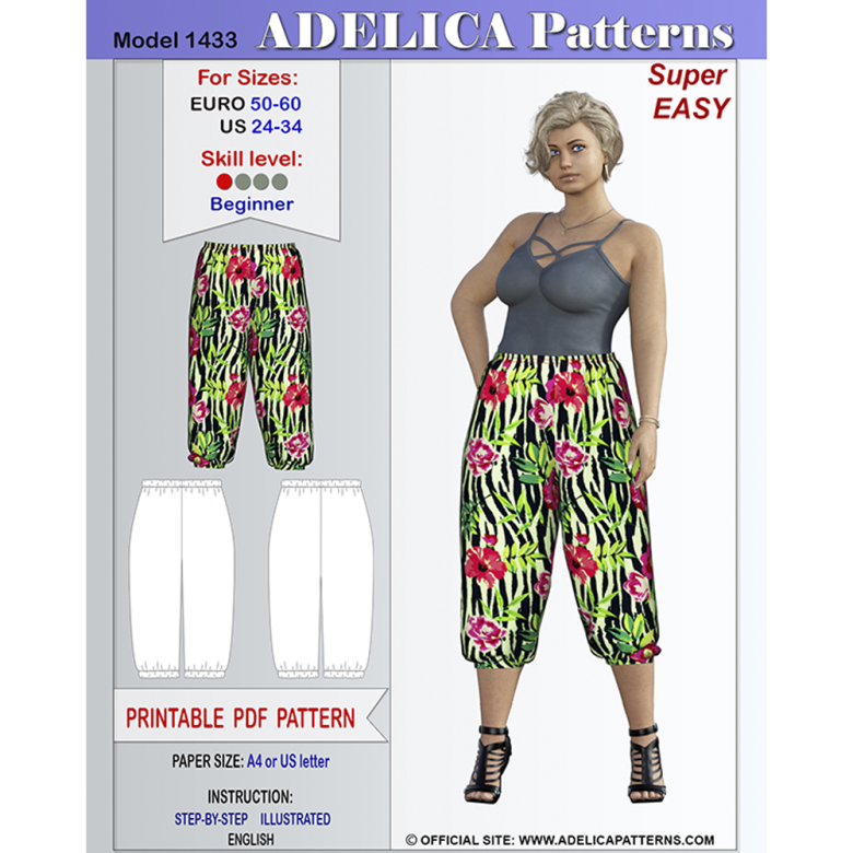 Plus size Easy to sew nozipper Summer Capri pants Sewing Pattern for