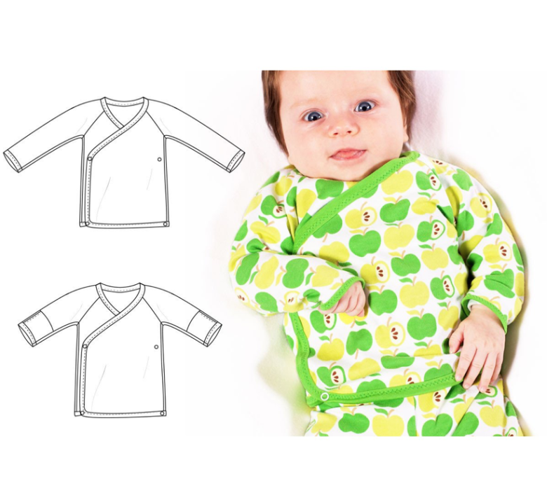 Line drawings of a cross-front baby shirt and an image of a baby wearing a completed shirt.