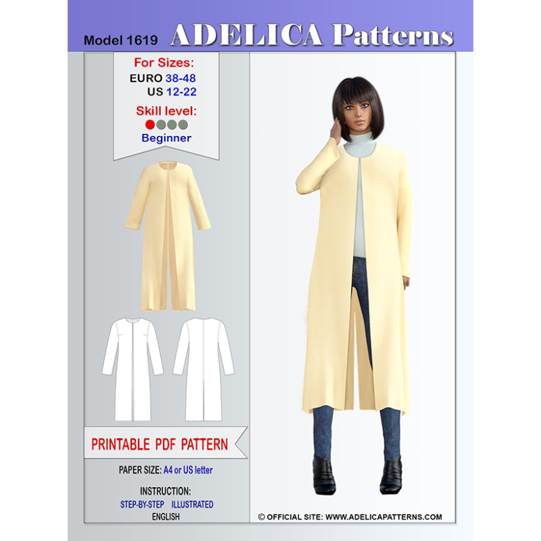 Long cardigan sewing pattern for sizes 1222 US / 3848 EURO Textillia
