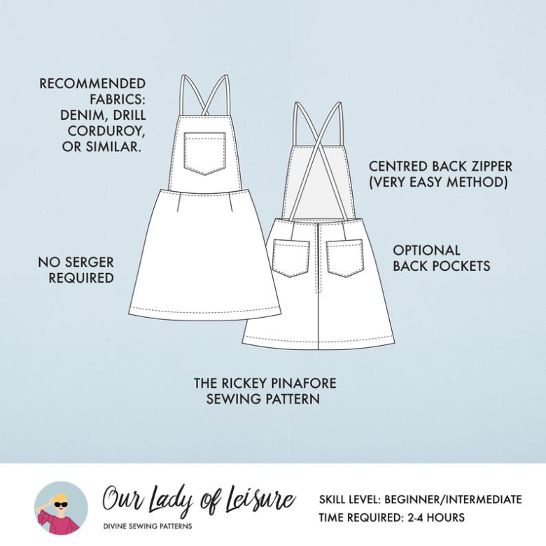 line drawing of pinafore / overalls dress showing pocket placement and pattern highlights