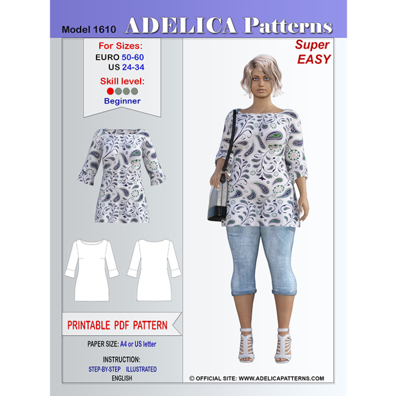 Plus size wide neck tunic sewing patern (1610) | Textillia