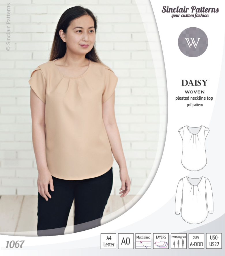 Daisy Woven Blouse with Pleated Neckline and Petal/Long