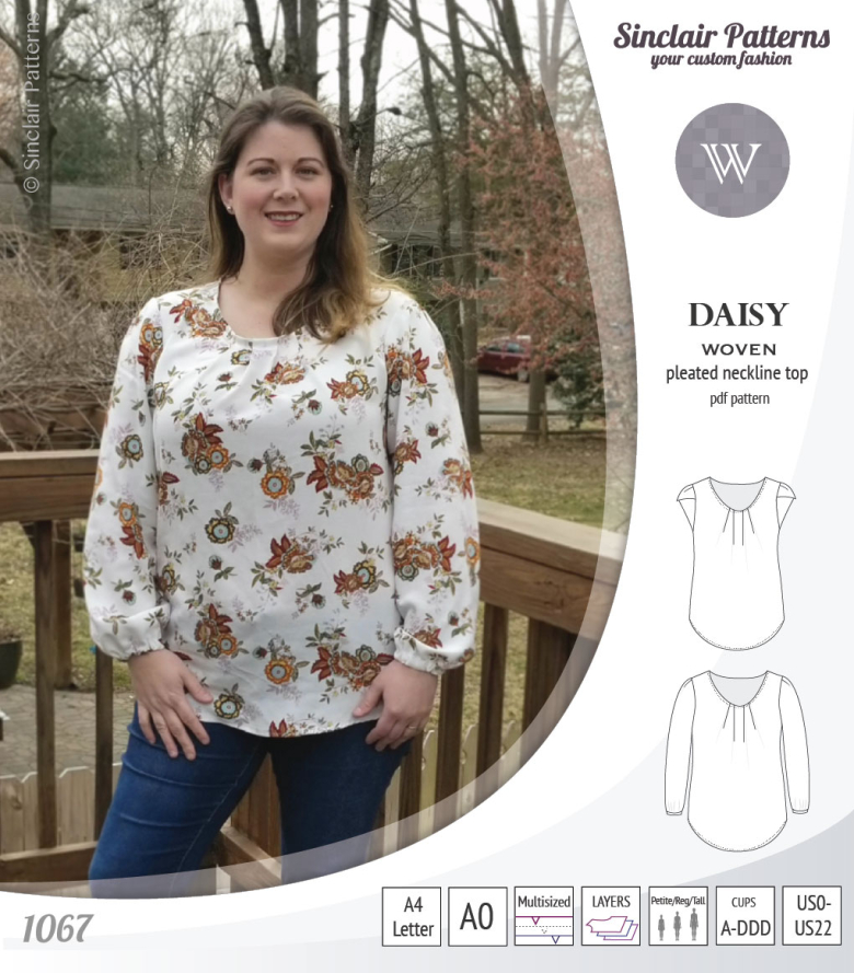 Daisy Woven Blouse with Pleated Neckline and Petal/Long