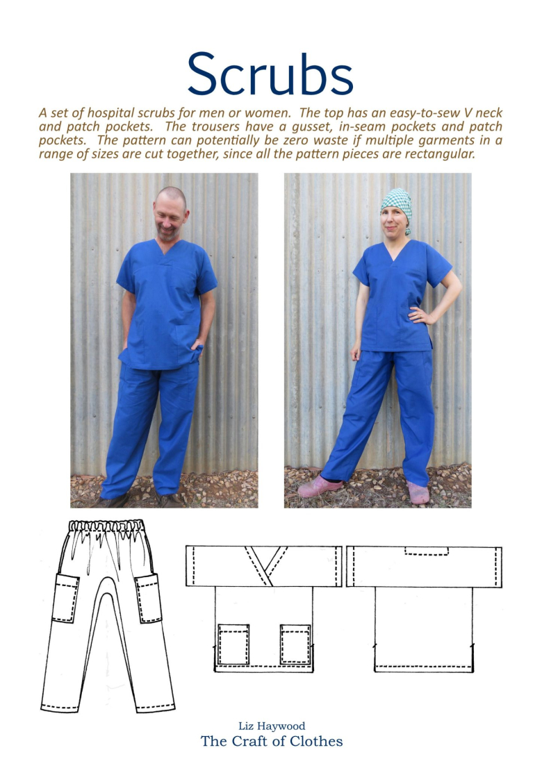 Image of scrubs on a man and on a woman, also diagram.