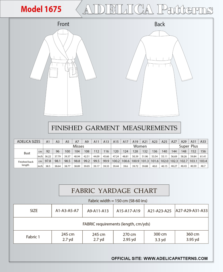 Adelica pattern 1675 Plus size Bathrobe sewing pattern PDF