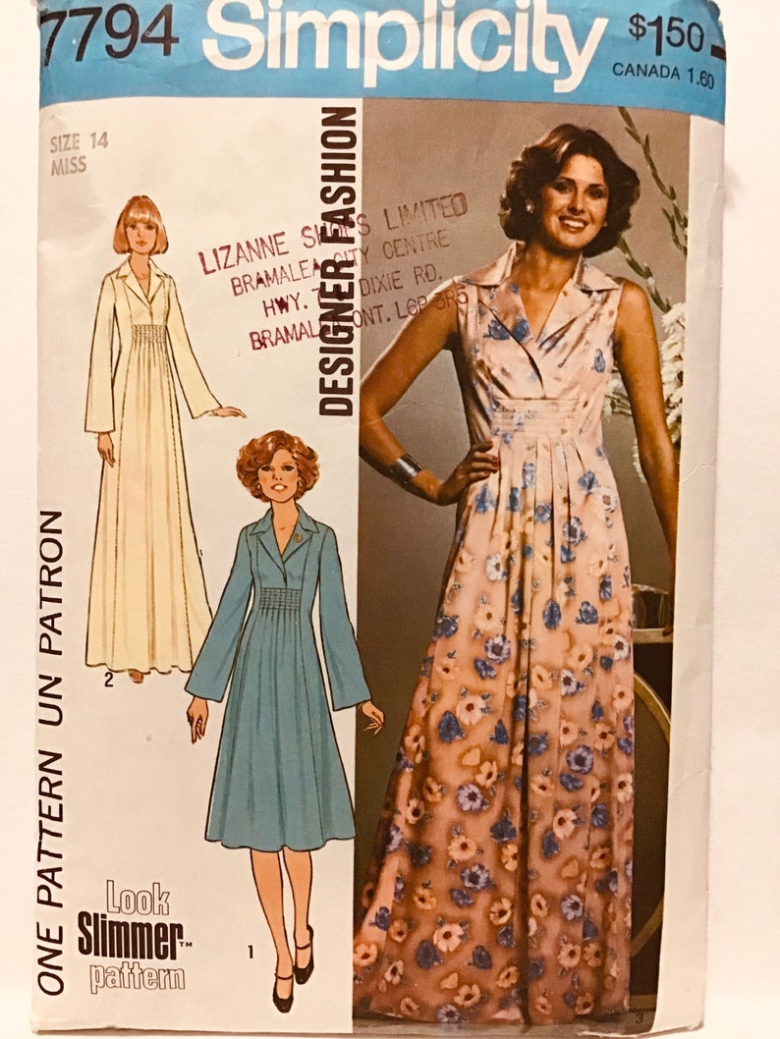 Pattern envelope of S7794 featuring model wearing all pattern options against a grey background