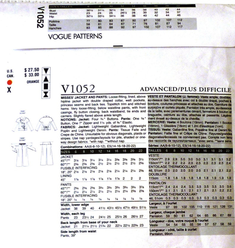 Back image of V1052 envelope including line drawings and pattern information