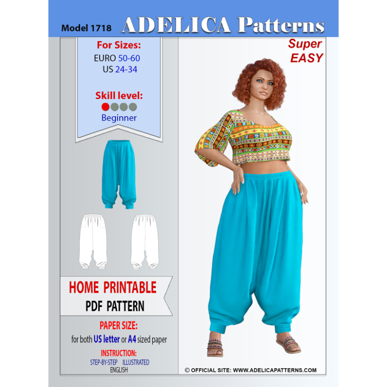 Pants Sewing Pattern For Women, Plus Size Pants In 8 Sizes XS-4XL