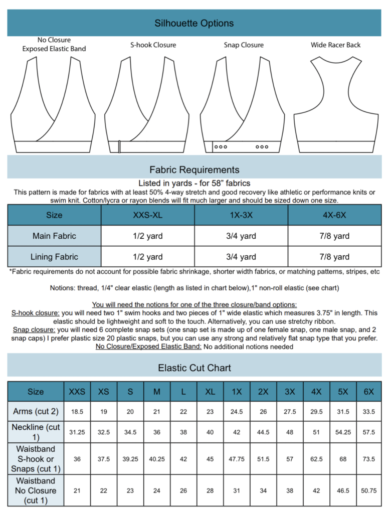Line drawing of pattern options, charts of fabric and elastic sizes/requirements