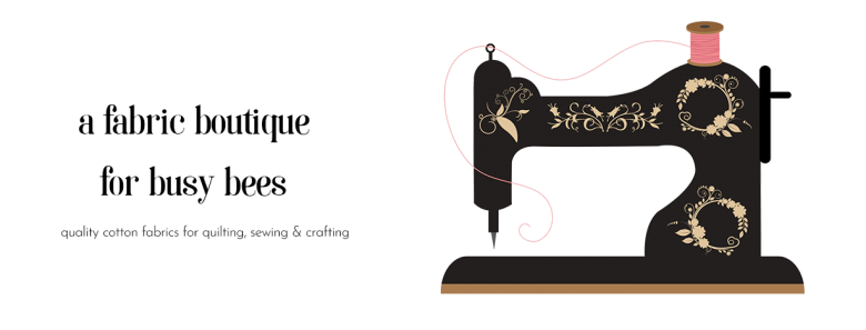 old fashioned sewing machine clipart, with text: fabric boutique for busy bees: quality cotton fabrics for quilting, sewing & crafting