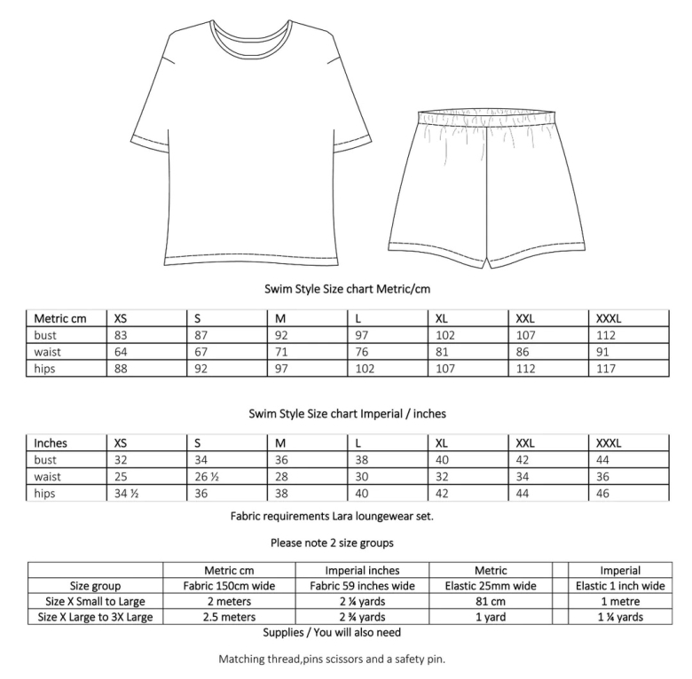 line diagram, size chart, and fabric requirements