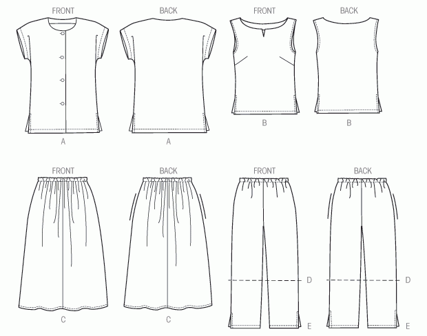 Line drawings of available pattern options including two shirts, a skirt, and pants