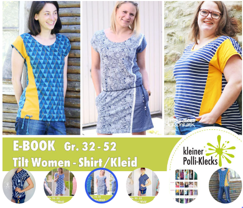 A few examples of Tilt pattern options as t-shirt, short dress and curvy fit t-shirt