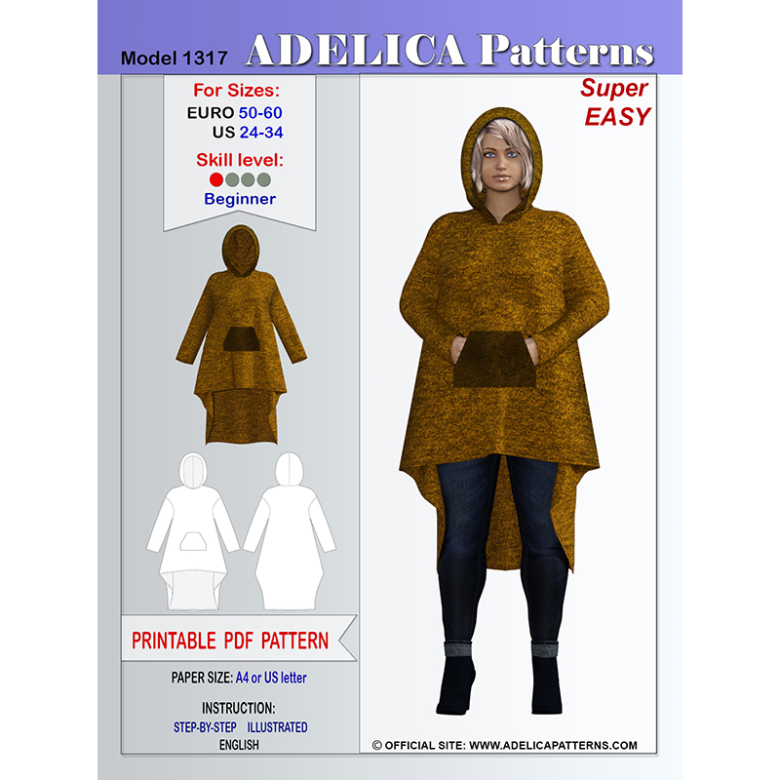 Adelica pattern 1317 Plus size Hooded Sweatshirt Sewing pattern PDF