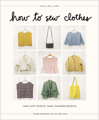 A cream coloured nearly square book cover with "how to sew clothes" in black cursive at the top and a grid of nine sewing projects (4 tops, 3 cardigan jackets, and 2 bags) displayed against a white wall in the centre.