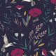 Botanical print on navy background with hummingbirds