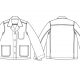 Line-drawing from M&amp;amp;M website showing pattern details, including front patch pockets, left front inside pocket, convertible collar, button-front, shoulder yoke, side back vents, set-in sleeves with vents, topstitching, stitched hems.