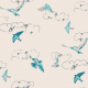 EVR-86557 Summer's Dance: blue and grey birds in flight with clouds on ivory background