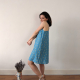 Full length side view of dress, blue lawn print
