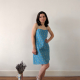 Alternate full length front view of dress, blue lawn print