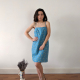 Full length front view of dress, blue lawn print