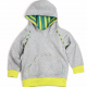 A grey, green and yellow hoodie against a white background.