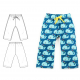 Line drawings and a pair of blue, whale print child's sweatpants against a white background.