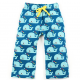 A pair of blue, whale print child's sweatpants against a white background.