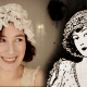 girl wearing a boudoir cap beside historical illustration