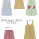 Images of pattern options, clockwise from top left: A grey pinstripe jumper with pork chop pockets, a mustard yellow skirt with pork chop pockets, a green pinstrop jumper dress with red patch pockets, a yellow pinstrip button front jumper dress, and a red button front skirt with dark grey contrast button placket.
