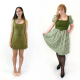 2 women wearing green dresses, one sleeveless and the other with contrast puffy sleeves