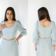 collage of 2 photos of a woman with dark hair wearing a light blue blouse with long sleeves, and matching skirt