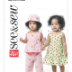 Front cover of pattern showing 2 toddlers, one wearing a green and lady bug dress, and one wearing a pink with apples hat, shirt, and pants