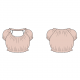 Line art showing 12-26 size range, cropped length, short raglan-sleeved top with elasticated neckline, sleeves, and hem.