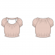 Line art showing 0-16 size range, cropped length, short raglan-sleeved top with elasticated neckline, sleeves, and hem.