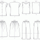 Line drawings of available pattern options including two shirts, a skirt, and pants