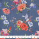 floral print light blue denim fabric with a ruler showing scale